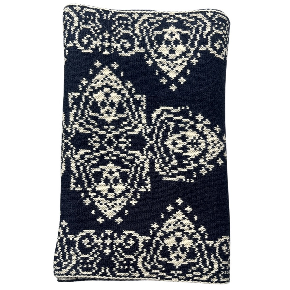 Vintage Knit Scarf Fair Isle Pattern Ornate Print Winter Design Navy Cream Beige - Picture 9 of 13